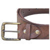 Closeup of a Cape Buffalo Game Skin Belt, color Brown. The belt has a solid brass buckle, two Chicago-style belt length adjustment screws, and a matching leather keeper loop. Genuine game skin leather.
