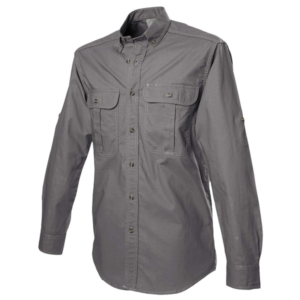 Side view of a Men's Safari Shirt in Long Sleeves, color Olive. The shirt has two flap-covered chest pockets, button-down collars, buttoned Swiss tabs on the sleeves, a button-front placket, double stitching throughout, and long rounded tails for tucking into pants. 100% cotton.