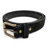 genuine hippo leather belt with a brass buckle shown with a front view - Easily change out the buckle of this belt color Black  - The belts have a close up view showing  the buckle in a coiled view  and the texture of the hippo skin 