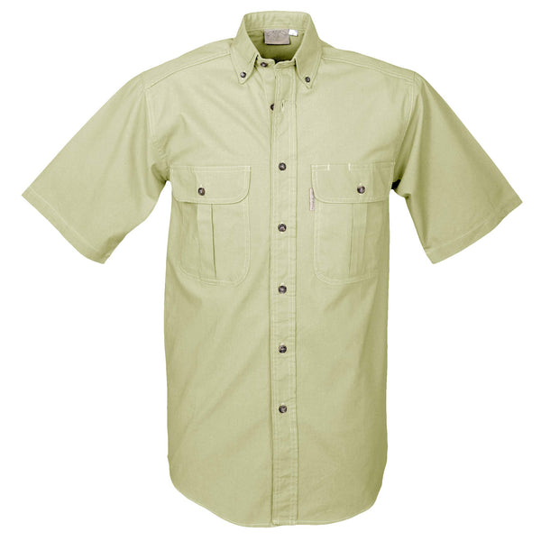 Front view of a Men's Safari Shirt in Short Sleeves, color Stone. The shirt has two flap-covered chest pockets, button-down collars, buttoned roll-up tabs on the sleeve cuffs, a button-front placket, double stitching throughout, and long rounded tails for tucking into pants. 100% cotton.