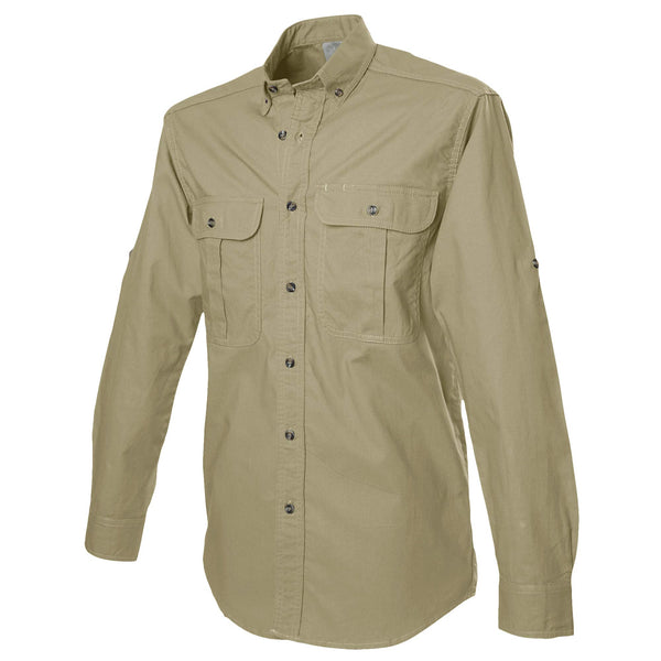 Side view of a Men's Safari Shirt in Long Sleeves, color Khaki. The shirt has two flap-covered chest pockets, button-down collars, buttoned Swiss tabs on the sleeves, a button-front placket, double stitching throughout, and long rounded tails for tucking into pants. 100% cotton.