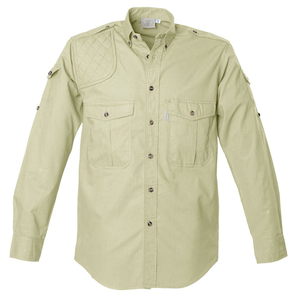 Front view of a Men's Shooter Shirt in Long Sleeves, color Stone. The shirt has a quilted shooting pad at the right shoulder, ammo pockets on the sleeves, two flap-covered chest pockets, button-down collars, functional cross-stitched shoulder straps, a button-front placket, double stitching throughout, and long rounded tails for tucking into pants. 100% cotton.