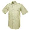 Side view of a Men's Safari Shirt in Short Sleeves, color Stone. The shirt has two flap-covered chest pockets, button-down collars, buttoned roll-up tabs on the sleeve cuffs, a button-front placket, double stitching throughout, and long rounded tails for tucking into pants. 100% cotton.