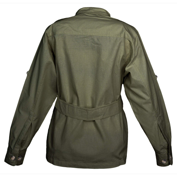 Back view of a Women's Safari Jacket, color Moss. The jacket has a double yolk, functional cross-stitched shoulder straps, Swiss roll-up tabs on the sleeves, a buckled waist belt, and double stitching throughout. 100% cotton.
