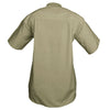 Back view of a Woman's Trail Shirt in Short Sleeves, color Khaki. The shirt has a dual layer yoke, functional cross-stitched shoulder straps, double stitching throughout, and long rounded tails for tucking into pants. 100% cotton.