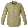 Front view of a Men's Shooter Shirt in Long Sleeves, color Khaki. The shirt has a quilted shooting pad at the right shoulder, ammo pockets on the sleeves, two flap-covered chest pockets, button-down collars, functional cross-stitched shoulder straps, a button-front placket, double stitching throughout, and long rounded tails for tucking into pants. 100% cotton.