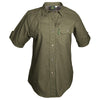 Front of a Woman's Clay Bird Shirt in Short Sleeves, color Moss. The shirt has a quilted recoil pad at the right shoulder, a flap-covered chest pocket, a button-front placket, a stitched FITASC gun position line, double stitching throughout, and long rounded tails for tucking into pants. 100% cotton.