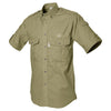 Side view of a Men's Shooter Shirt with Buffalo Logo in Short Sleeves, color Khaki. The shirt has a quilted shooting pad at the right shoulder, ammo pockets on the sleeves, two flap-covered chest pockets with an embroidered Tag buffalo logo above the left pocket, button-down collars, functional cross-stitched shoulder straps, a button-front placket, double stitching throughout, and long rounded tails for tucking into pants. 100% cotton.