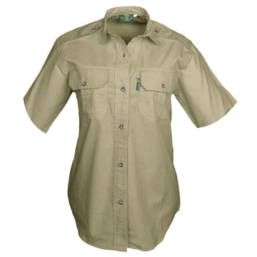 Front view of a Woman's Trail Shirt in Short Sleeves, color Khaki. The shirt has two flap-covered chest pockets, functional cross-stitched shoulder straps, a button-front placket, double stitching throughout, and long rounded tails for tucking into pants. 100% cotton.