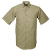 Front view of a Men's Safari Shirt in Short Sleeves, color Khaki. The shirt has two flap-covered chest pockets, button-down collars, buttoned roll-up tabs on the sleeve cuffs, a button-front placket, double stitching throughout, and long rounded tails for tucking into pants. 100% cotton.