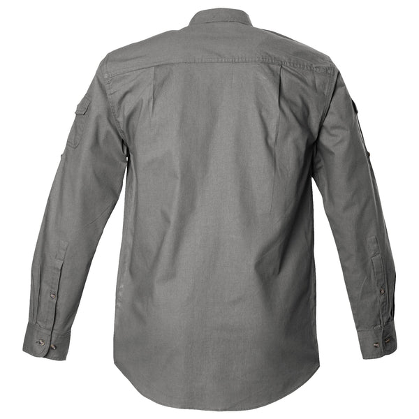 Back view of a Men's Shooter Shirt in Long Sleeves, color Olive. The shirt has functional cross-stitched shoulder straps, double stitching throughout, and long rounded tails for tucking into pants. 100% cotton.