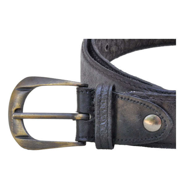 Closeup of a Cape Buffalo Game Skin Belt, color Black. The belt has a solid brass buckle, two Chicago-style belt length adjustment screws, and a matching leather keeper loop. Genuine game skin leather.
