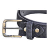 Closeup of a Hippo Game Skin Belt, color Black. The belt has a solid brass buckle, two Chicago-style belt length adjustment screws, and a matching leather keeper loop. Genuine game skin leather.