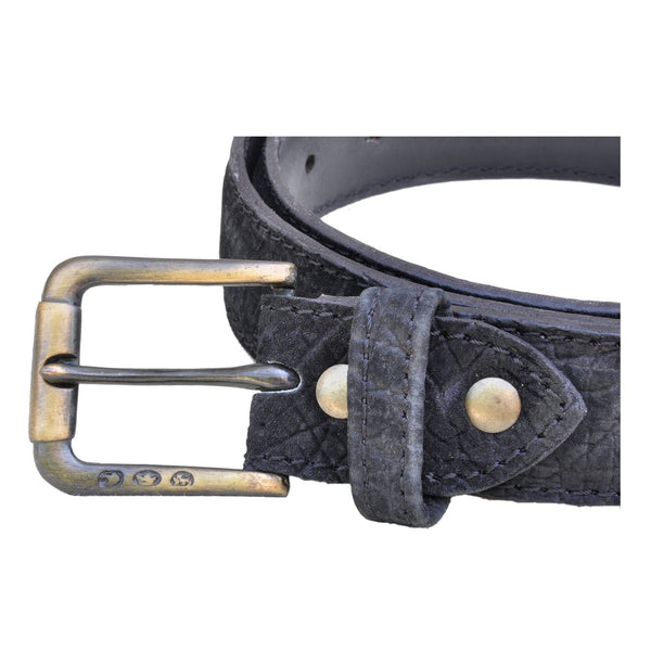genuine hippo leather belt with a brass buckle shown with a front view - Easily change out the buckle of this belt color Black  - The belts have a close up view showing  the front buckle and the texture of the hippo skin 