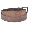 Back view of a Cape Buffalo Game Skin Belt, color Brown. The belt has a solid brass buckle, five waist adjustment positioning holes, two Chicago-style belt length adjustment screws, a matching leather keeper loop, and a Tag Safari logo branded inside. Genuine game skin leather.