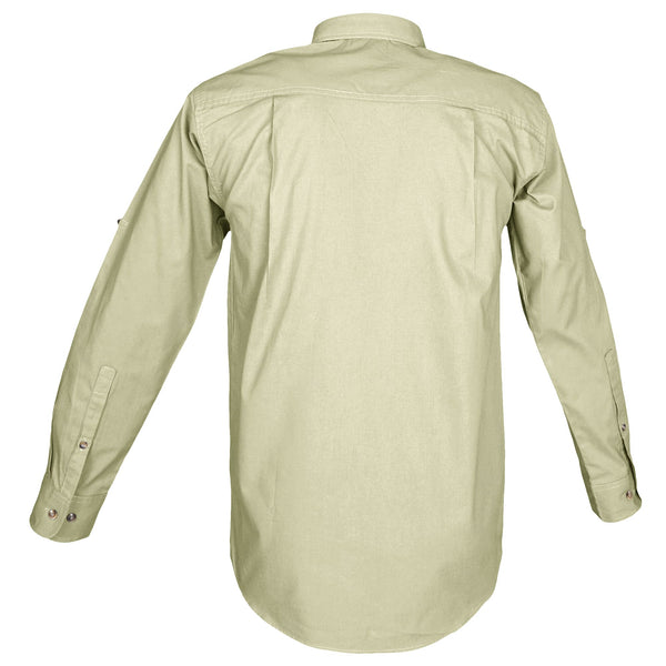 Back view of a Men's Trail Shirt in Long Sleeves, color Stone. The shirt has a dual layer yoke, functional cross-stitched shoulder straps, double stitching throughout, and long rounded tails for tucking into pants. 100% cotton.