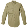Front view of a Men's Left-Hand Shooter Shirt in Long Sleeves, color Khaki. The shirt has a sunray quilted shooter patch at the left shoulder, a mesh-lined vented back, a zippered chest pocket, a flap-covered chest pocket, button-down collars, buttoned Swiss tabs on the sleeves, a button-front placket, double stitching throughout, and long rounded tails for tucking into pants. 100% cotton.