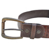 Closeup of a Caiman Crocodile Game Skin Belt, color Brown. The belt has a solid brass buckle, two Chicago-style belt length adjustment screws, and a matching leather keeper loop. Genuine game skin leather.