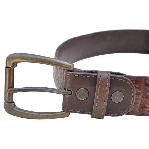 Closeup of a Caiman Crocodile Game Skin Belt, color Brown. The belt has a solid brass buckle, two Chicago-style belt length adjustment screws, and a matching leather keeper loop. Genuine game skin leather.