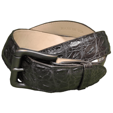 Front view of an Alligator Game Skin Belt, color Brown. The belt has a solid brass buckle, five waist adjustment positioning holes, two Chicago-style belt length adjustment screws, a matching leather keeper loop, and a Tag Safari logo branded inside. Genuine game skin leather.