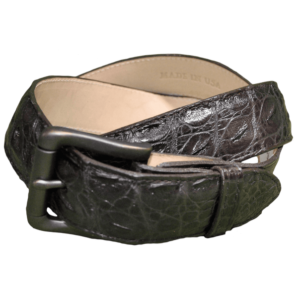 Front view of an Alligator Game Skin Belt, color Brown. The belt has a solid brass buckle, five waist adjustment positioning holes, two Chicago-style belt length adjustment screws, a matching leather keeper loop, and a Tag Safari logo branded inside. Genuine game skin leather.