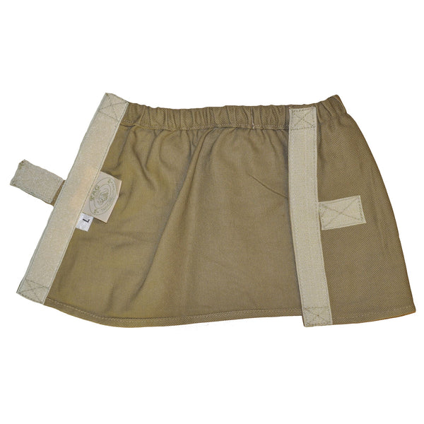 Open view of a Canvas Gaiter, color Khaki. The gaiter has an elastic band at the top, a Velcro secured tab strap with a Tag Buffalo label in the middle, a full Velcro fastener strip that runs vertically from top to bottom, and a Tag Safari logo label on the inside. 100% medium weight cotton canvas.