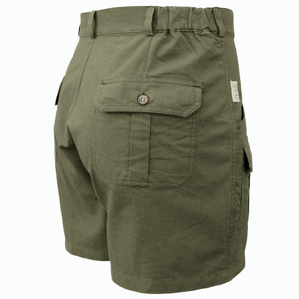 Back of Men's Pro Hunting Shorts, color Moss. The shorts have a 5 1/2