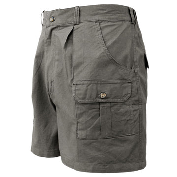 Front of Men's Pro Hunting Shorts, color Olive. The shorts have a 5 1/2" inseam, two slash pockets at the hip, two flap-covered pockets up front, expandable waist panels, oversized belt loops, and double stitching throughout. 100% cotton.
