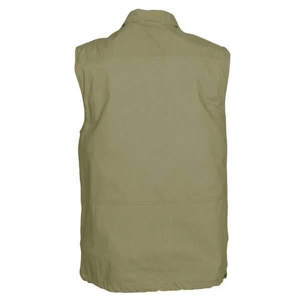 Back of a Men's Travel Vest, color Khaki. The vest has a roll-up protective collar, a double yolk, an elastic drawstring waist cinch, and double stitching throughout. 100% cotton.