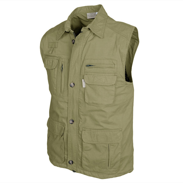 Side of a Men's Travel Vest, color Khaki. The vest has a roll-up protective collar, two flap-covered chest pockets, two zippered chest pockets, two flap-covered expandable pockets at the waist, two slip-in hand warmers, an outer accessory loop, a full zippered front with a buttoned placket over the top, a printed cotton inside liner, an elastic drawstring waist cinch, and double stitching throughout. 100% cotton.