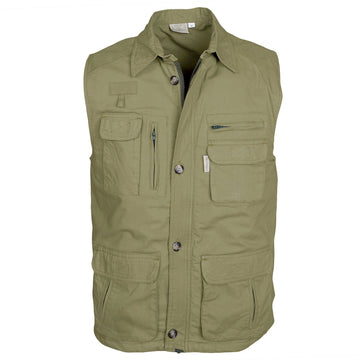 Front of a Men's Travel Vest, color Khaki. The vest has a roll-up protective collar, two flap-covered chest pockets, two zippered chest pockets, two flap-covered expandable pockets at the waist, two slip-in hand warmers, an outer accessory loop, a full zippered front with a buttoned placket over the top, a printed cotton inside liner, an elastic drawstring waist cinch, and double stitching throughout. 100% cotton.